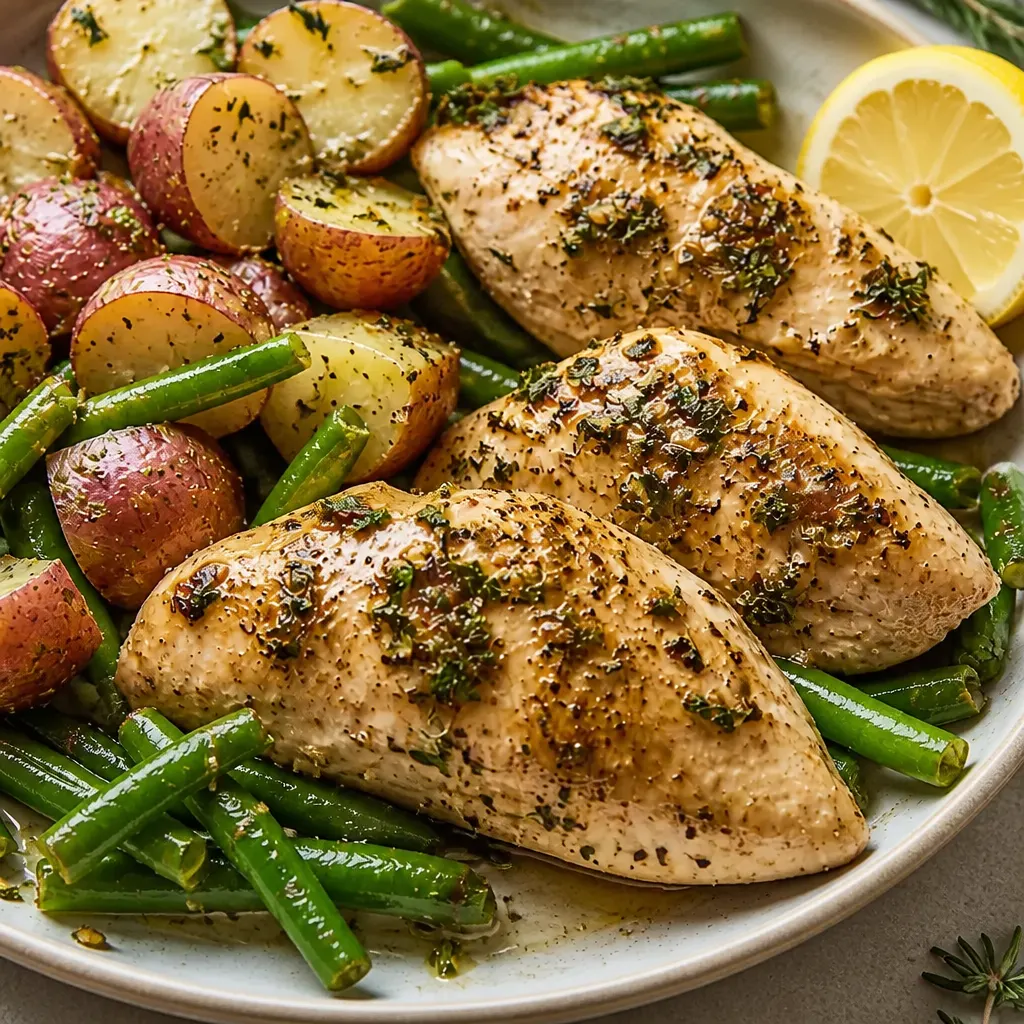 One Pan Garlic Herb Chicken and Veggies close-up view