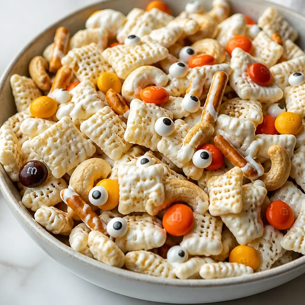 White Chocolate Monster Munch (Halloween Chex Mix) close-up view