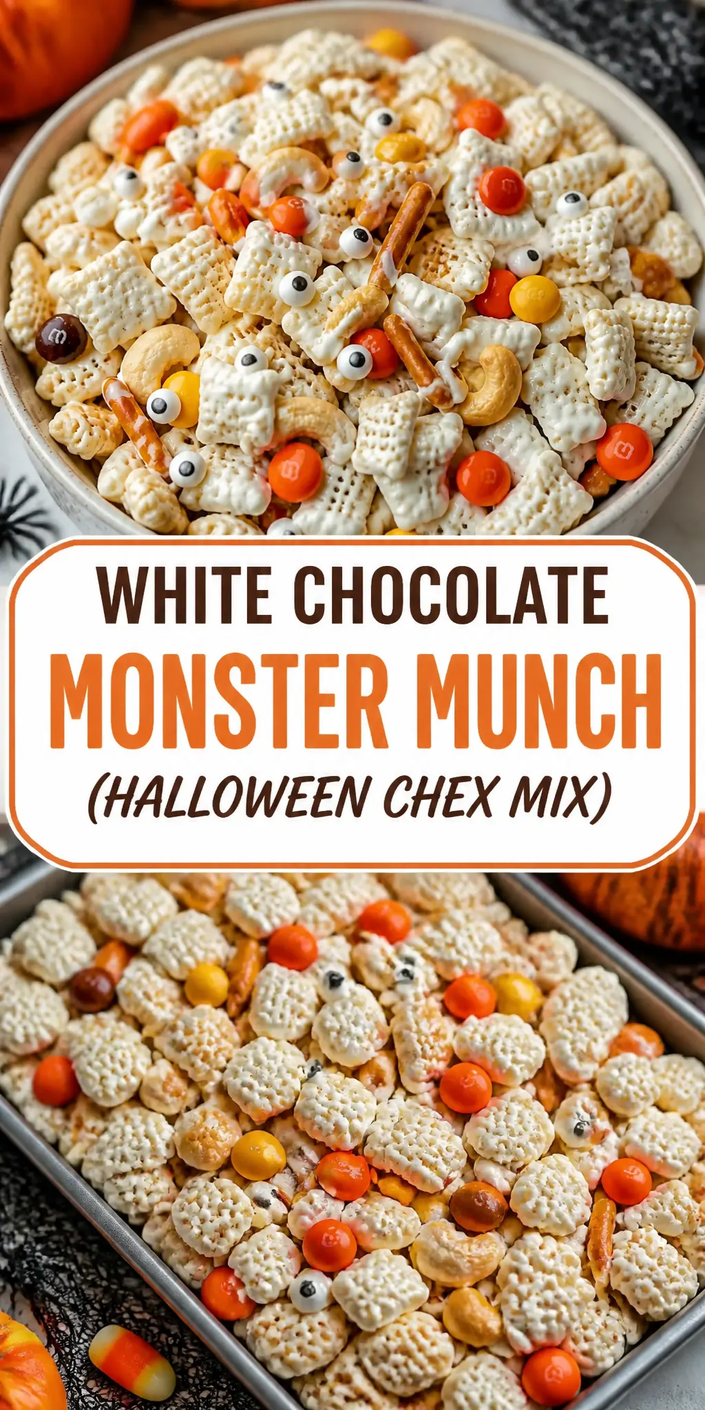 White Chocolate Monster Munch (Halloween Chex Mix) Pinterest pin